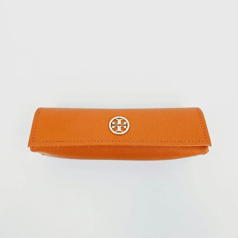 Tory Burch Glasses Case Orange Saffiano Leather Gold Metal Logo Designer Stylish